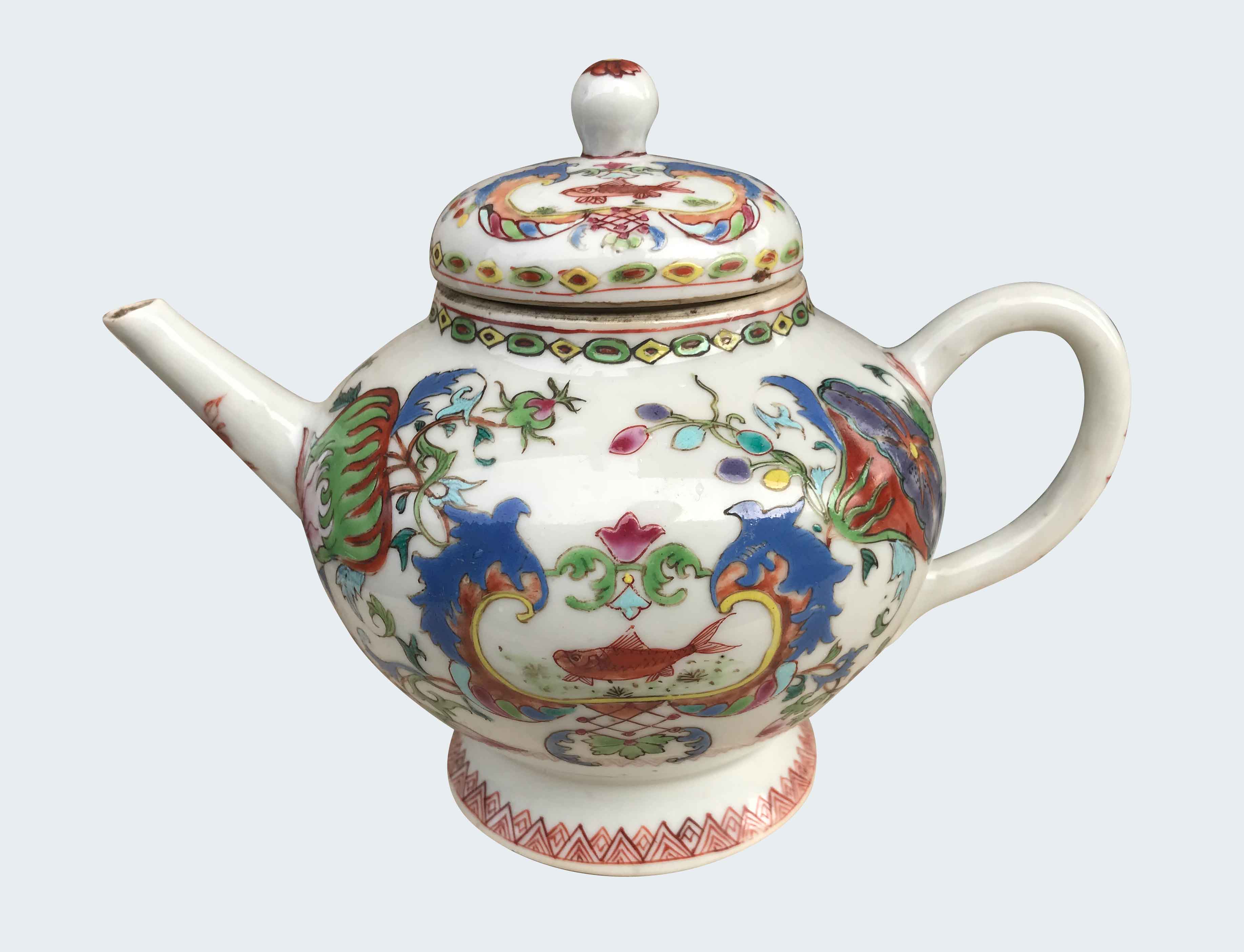 Vintage Chinese Famille Rose Medallion Teapot buy with Butterflies, Western Shape.